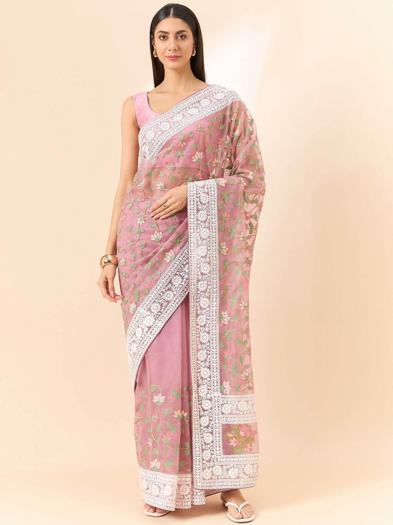 Pink Organza Floral Embroidered Saree with Unstitched Blouse Piece - Roozal