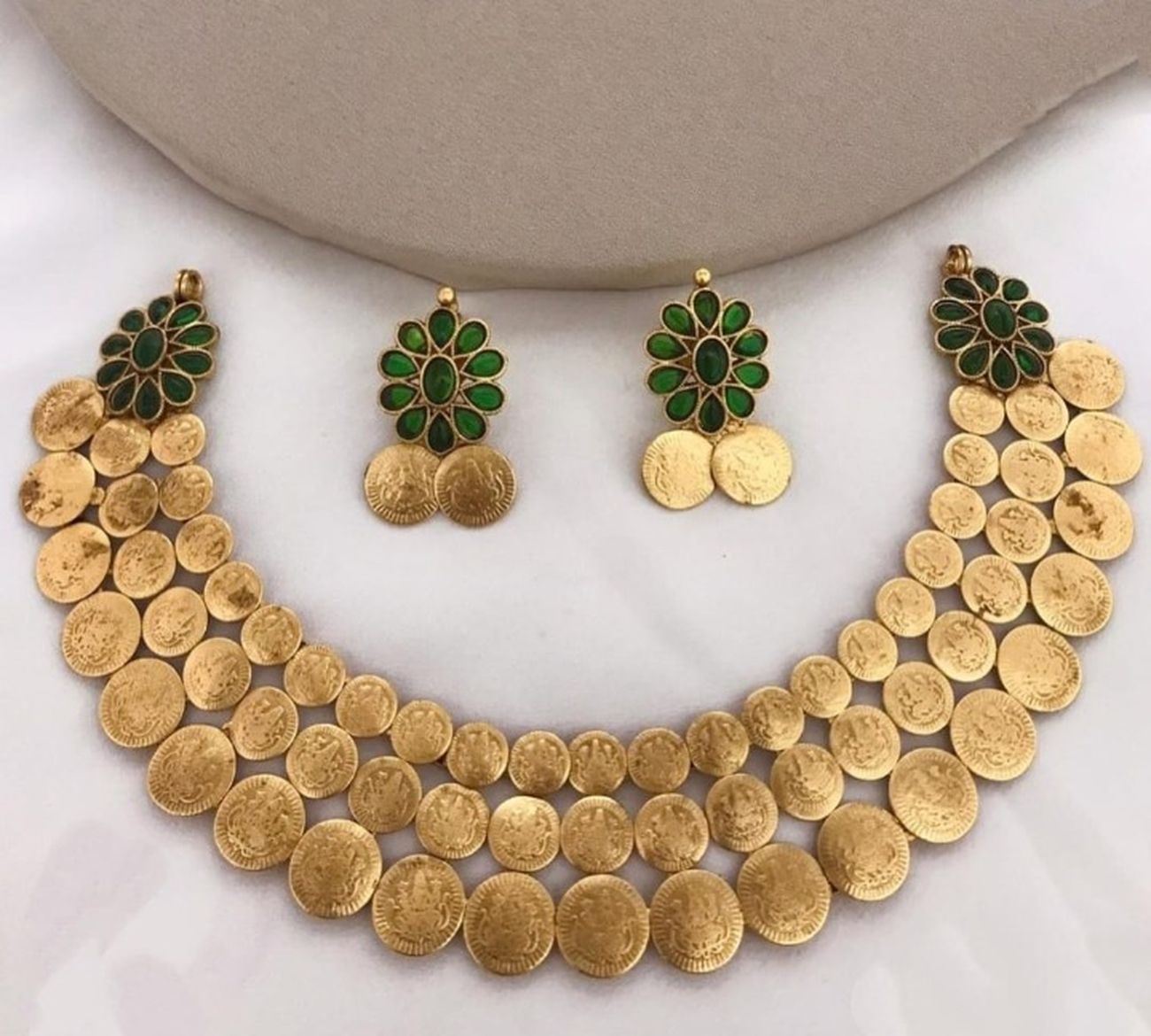 Jewel City Traditional Lakshmi Coin Necklace Set with Emerald Green Stones - Antique Gold Temple Jewelry for Indian Weddings and Festivals | Grab2Buy