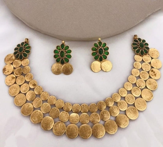 Jewel City Traditional Lakshmi Coin Necklace Set with Emerald Green Stones - Antique Gold Temple Jewelry for Indian Weddings and Festivals | Grab2Buy