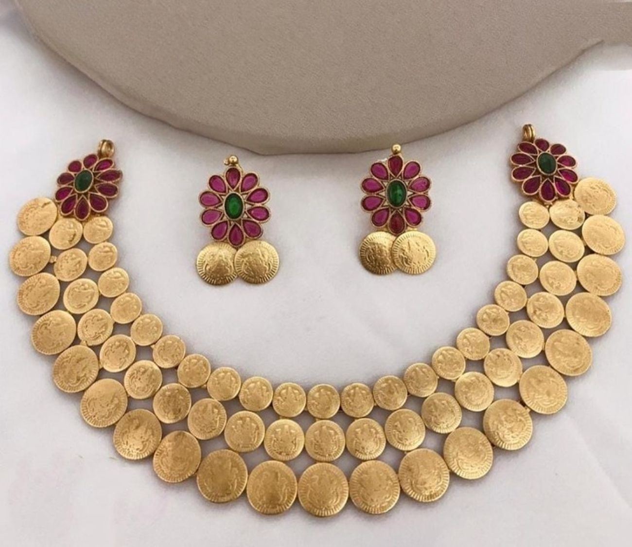 Jewel City Traditional Lakshmi Coin Necklace Set with Red Green Stones - Antique Gold Temple Jewelry for Indian Weddings and Festivals | Grab2Buy