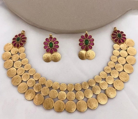 Jewel City Traditional Lakshmi Coin Necklace Set with Red Green Stones - Antique Gold Temple Jewelry for Indian Weddings and Festivals | Grab2Buy