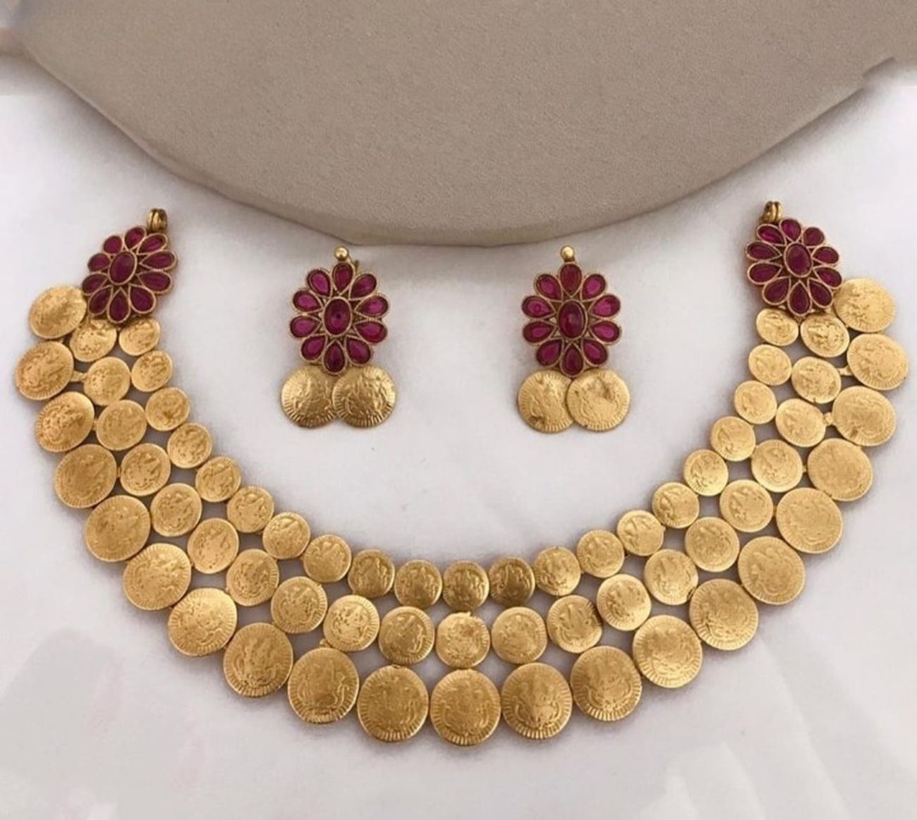 Jewel City Traditional Lakshmi Coin Necklace Set with Vibrant Red Stones - Antique Gold Temple Jewelry for Indian Weddings and Festivals | Grab2Buy