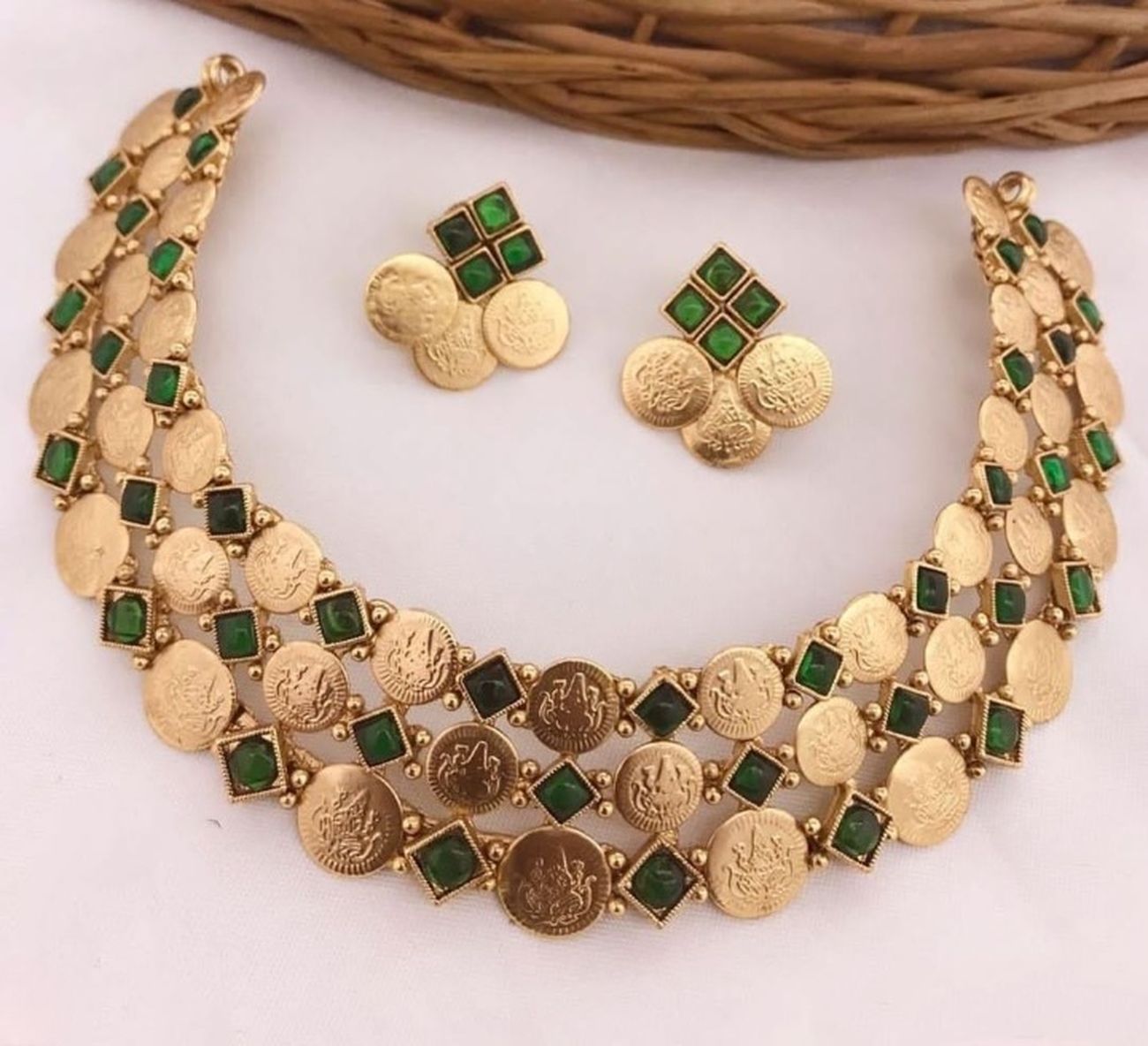 Jewel City Luxurious Temple Coin Necklace Set with Emerald Green Stones - Traditional South Indian Goddess Lakshmi Design Wedding Jewelry Collection | Grab2Buy