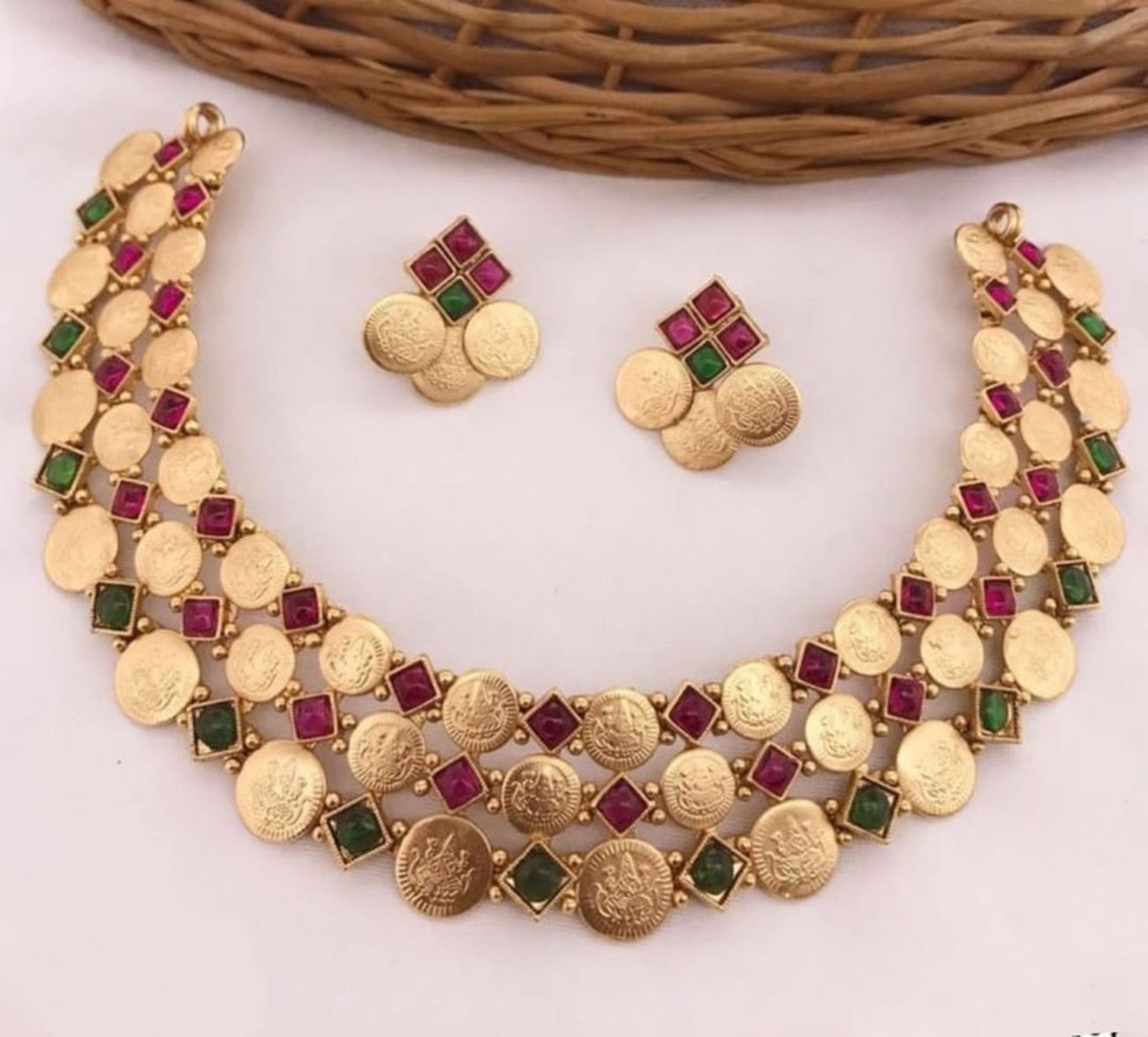 Jewel City Luxurious Temple Coin Necklace Set with Red Green Stones - Traditional South Indian Goddess Lakshmi Design Wedding Jewelry Collection | Grab2Buy