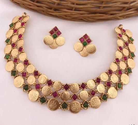 Jewel City Luxurious Temple Coin Necklace Set with Red Green Stones - Traditional South Indian Goddess Lakshmi Design Wedding Jewelry Collection | Grab2Buy