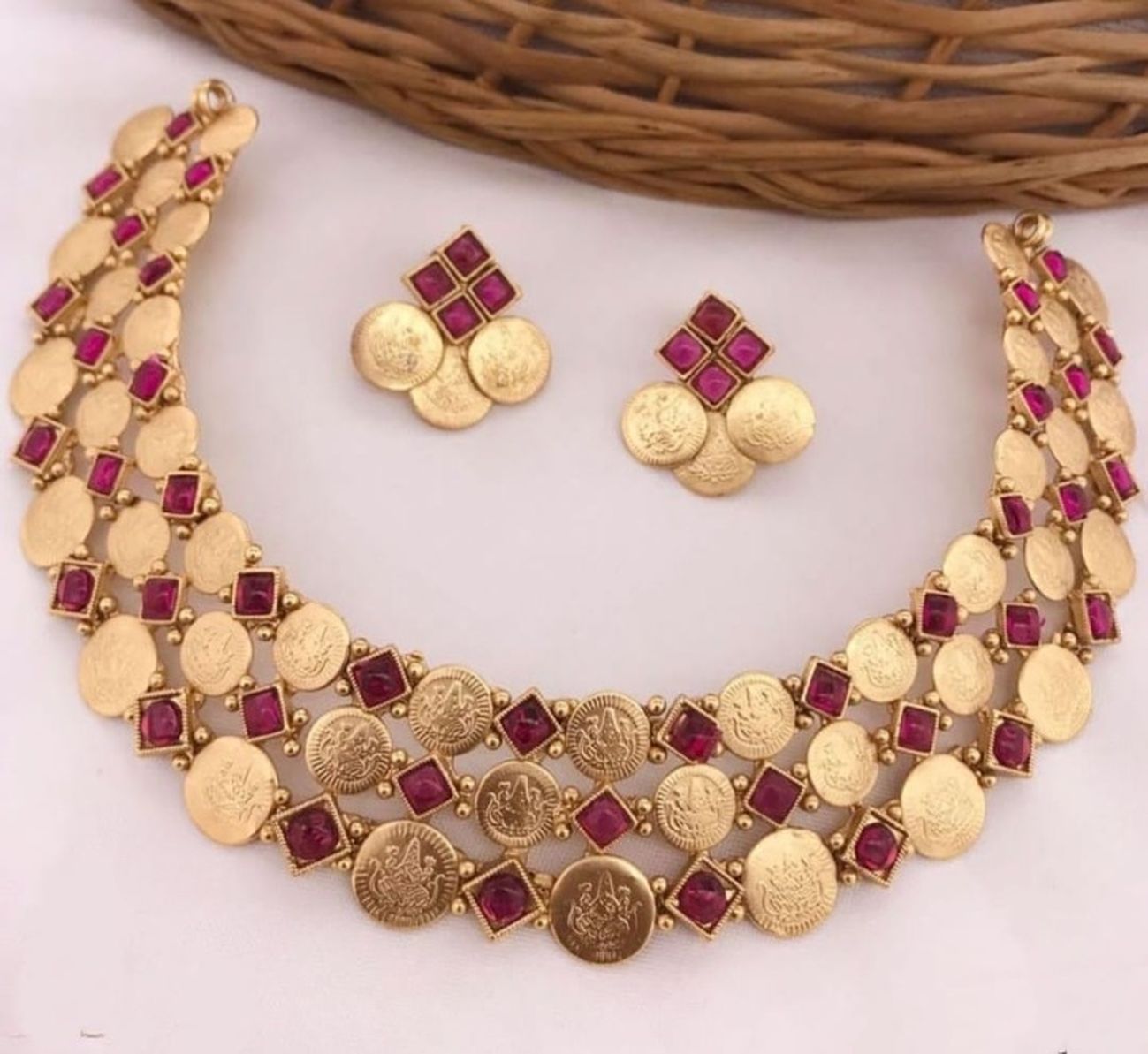 Jewel City Luxurious Temple Coin Necklace Set with Red Stones - Traditional South Indian Goddess Lakshmi Design Wedding Jewelry Collection | Grab2Buy