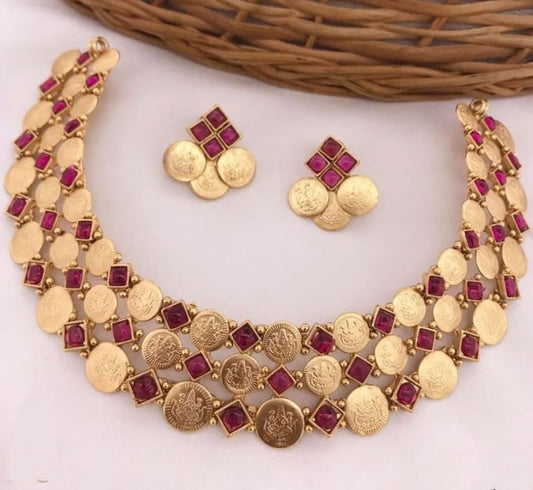 Jewel City Luxurious Temple Coin Necklace Set with Red Stones - Traditional South Indian Goddess Lakshmi Design Wedding Jewelry Collection | Grab2Buy
