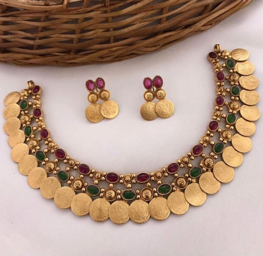 Jewel City Antique Gold Temple Coin Necklace Set with Ruby & Emerald Stones - Traditional South Indian Multi-Row Bridal Jewelry Collection | Grab2Buy