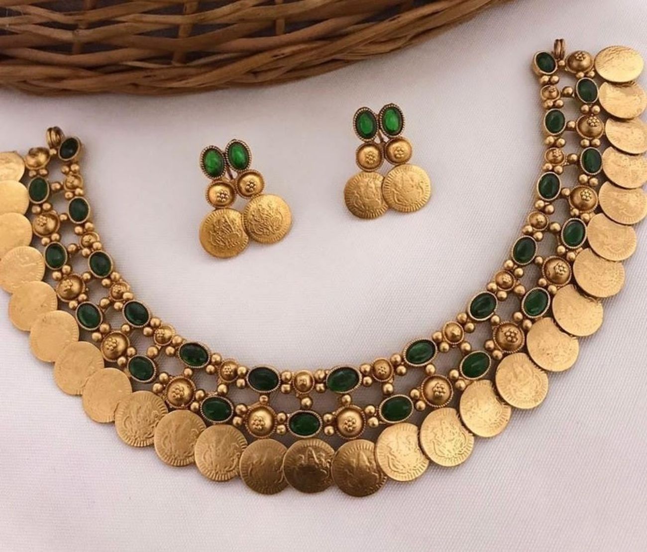 Jewel City Antique Gold Temple Coin Necklace Set with Emerald Green Stones - Traditional South Indian Multi-Row Bridal Jewelry Collection | Grab2Buy