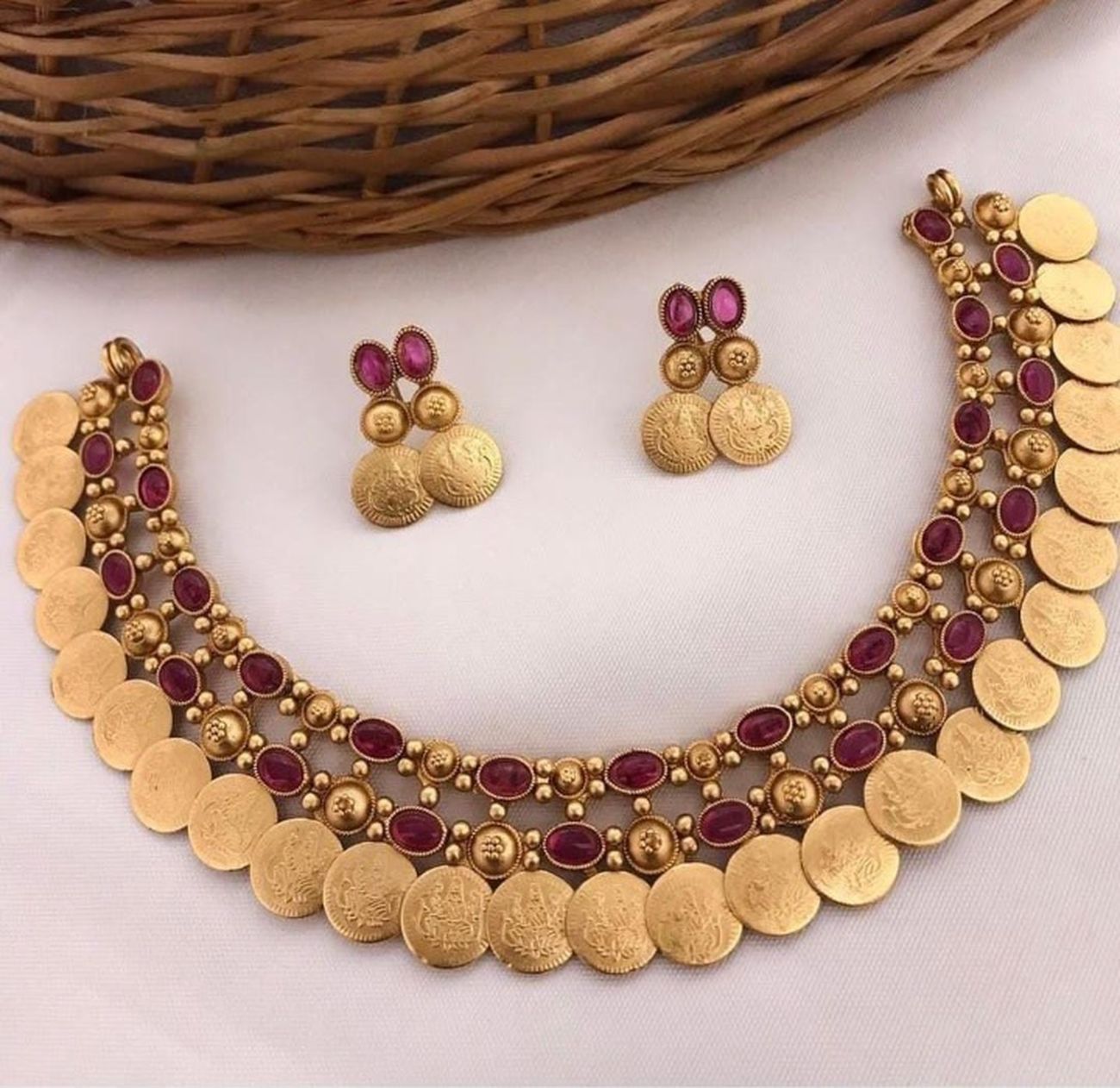 Jewel City Antique Gold Temple Coin Necklace Set with Ruby Stones - Traditional South Indian Multi-Row Bridal Jewelry Collection | Grab2Buy