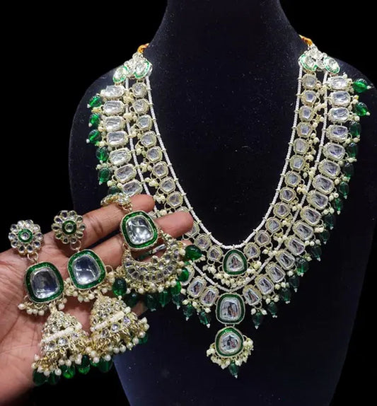 Jewel City Royal Polki Kundan Necklace Set with Green Emerald Accents - Vintage-Inspired Bridal Collection | Grab2Buy
