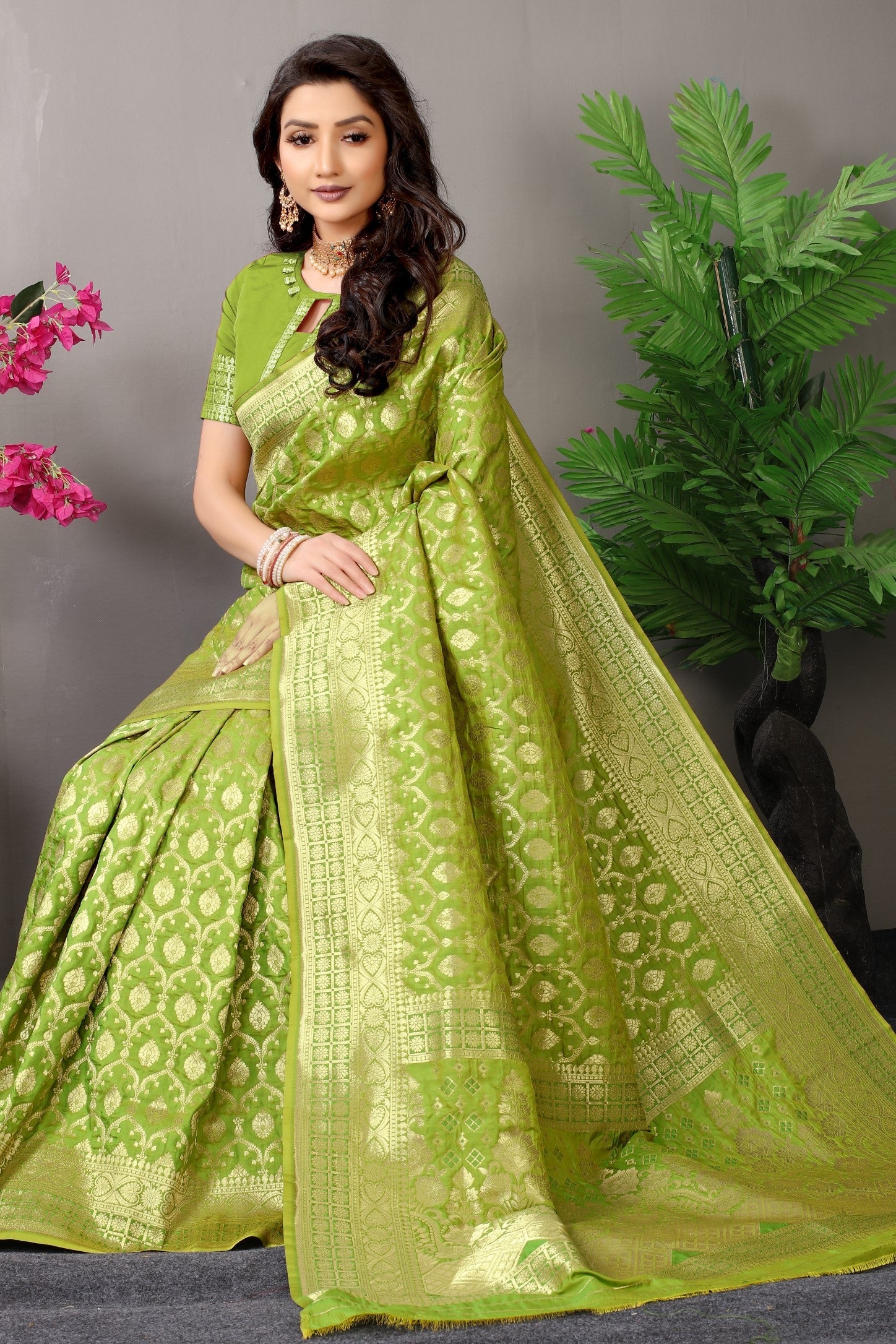 Anaita Green Woven Design Pure Silk Banarasi Saree With Blouse