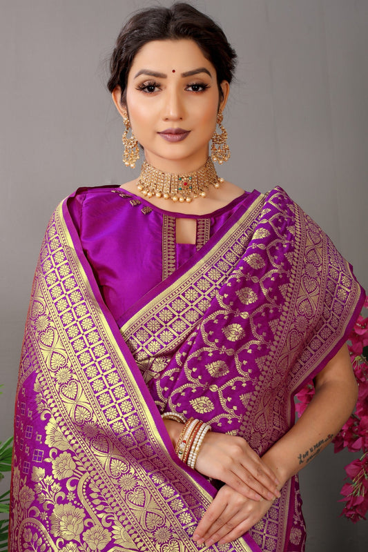 Anaita Lavender Woven Design Pure Silk Banarasi Saree With Blouse