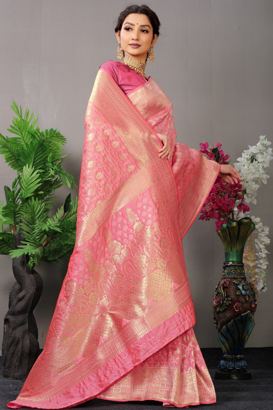 Anaita Peach Woven Design Pure Silk Banarasi Saree With Blouse