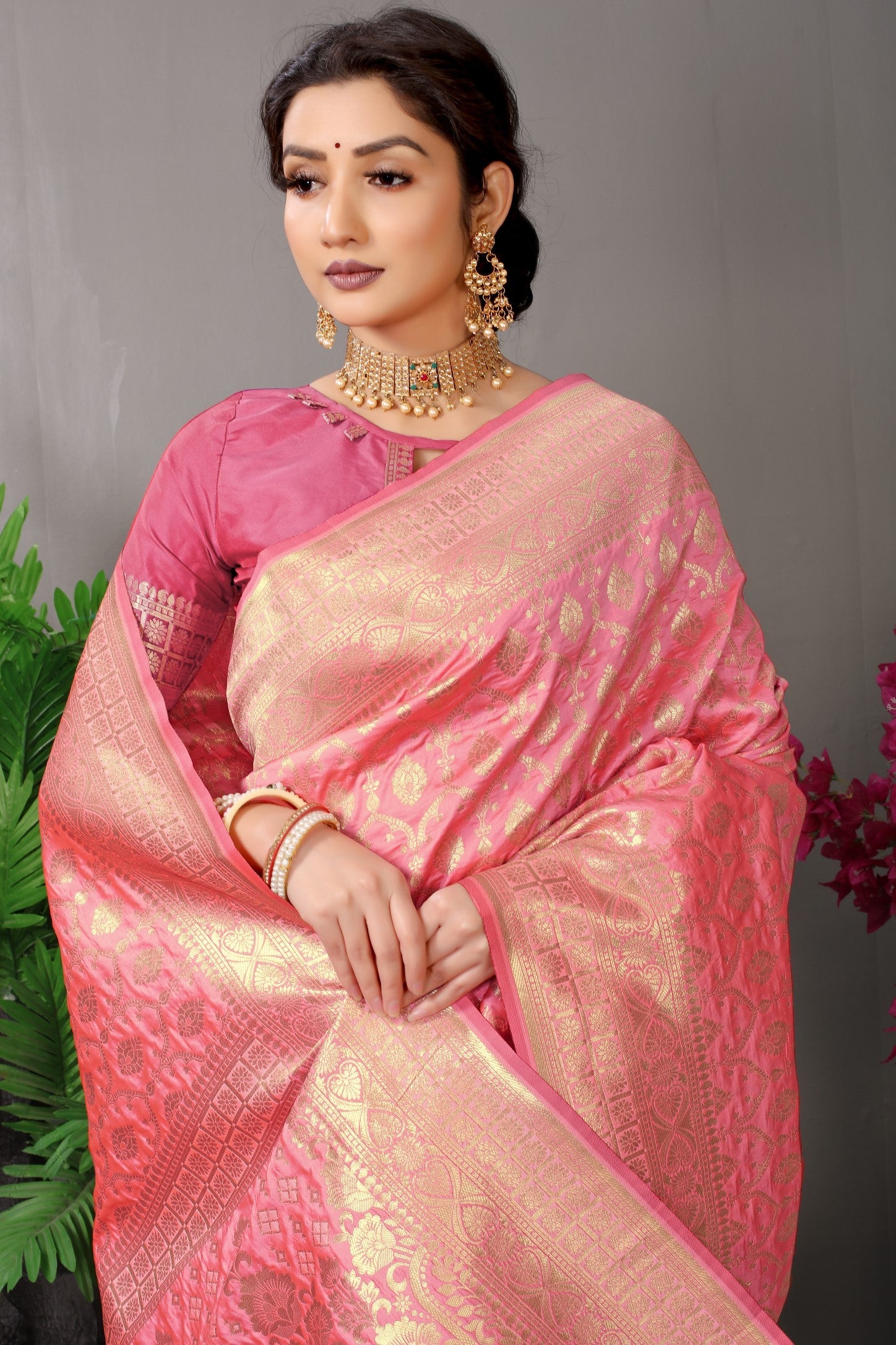 Anaita Peach Woven Design Pure Silk Banarasi Saree With Blouse