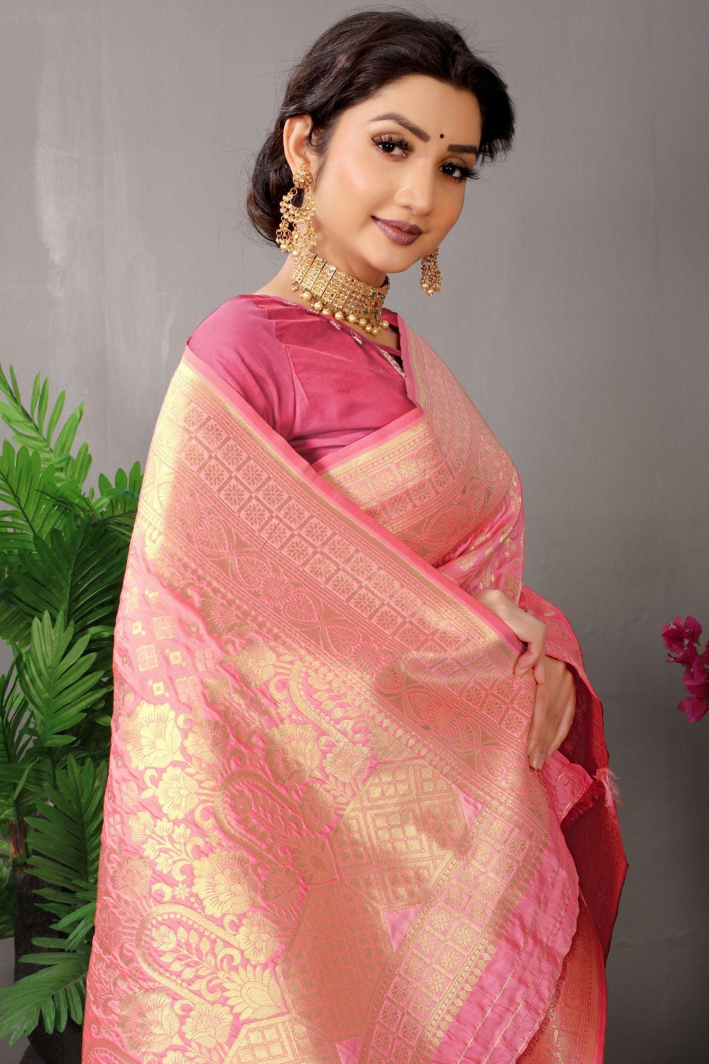 Anaita Peach Woven Design Pure Silk Banarasi Saree With Blouse