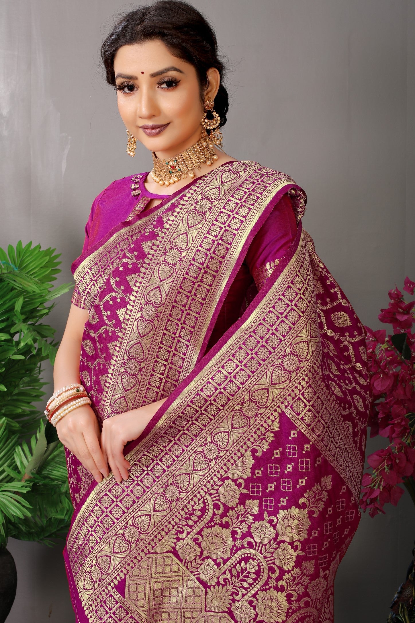 Anaita Purple Woven Design Pure Silk Banarasi Saree With Blouse