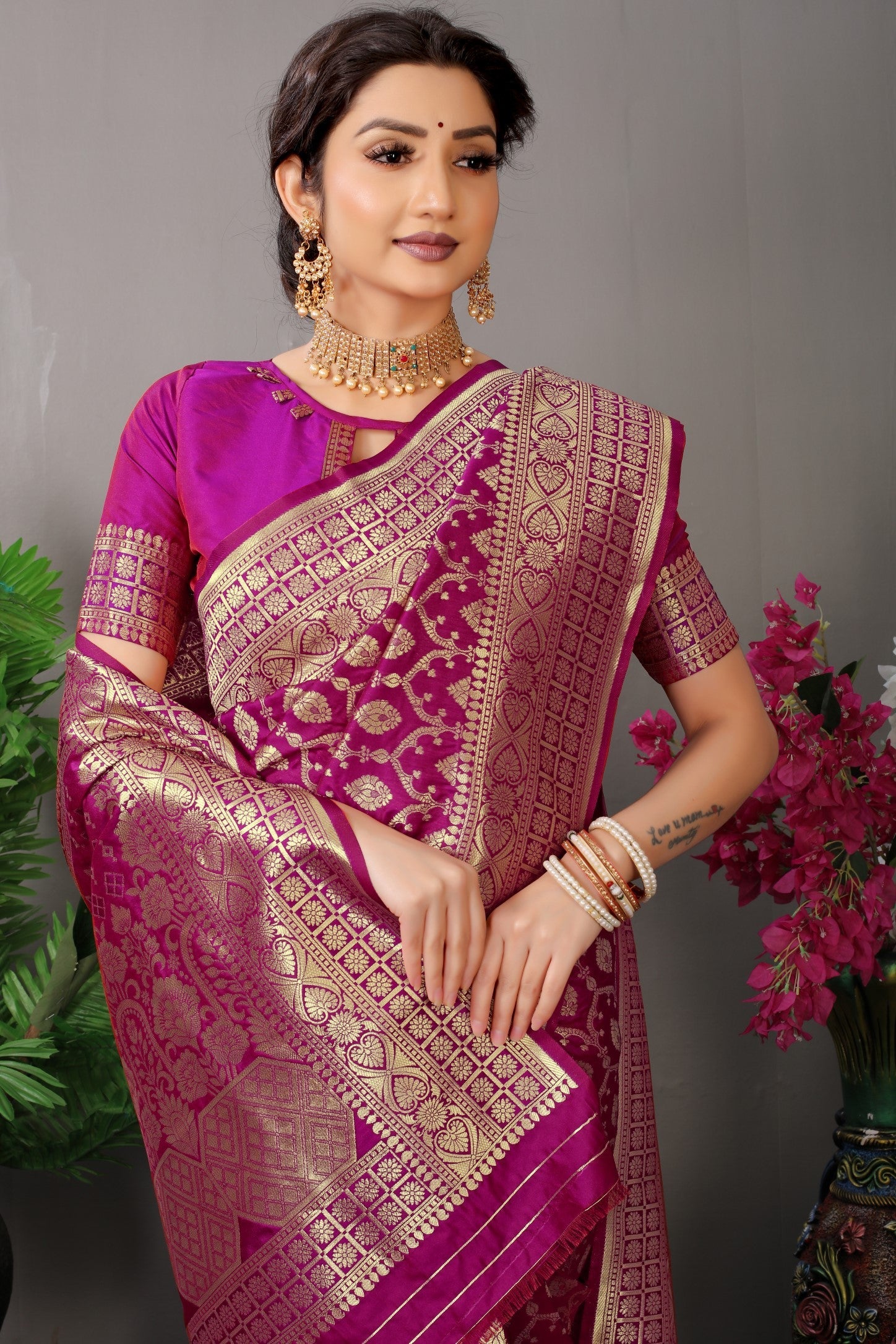 Anaita Purple Woven Design Pure Silk Banarasi Saree With Blouse