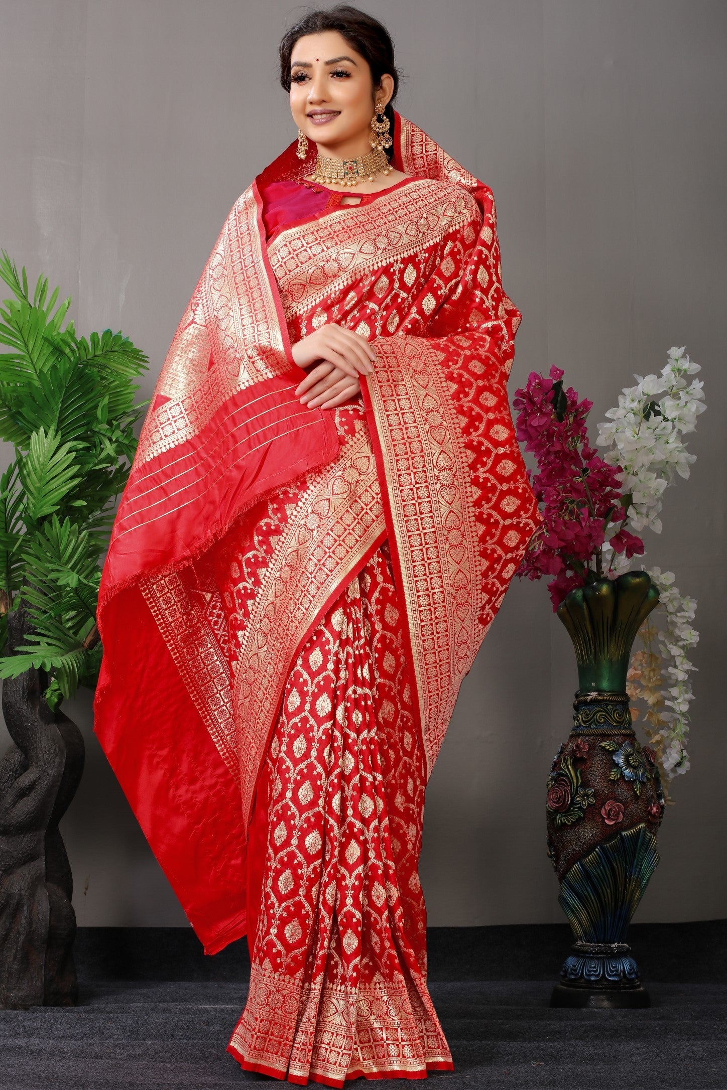 Anaita Red Woven Design Pure Silk Banarasi Saree With Blouse