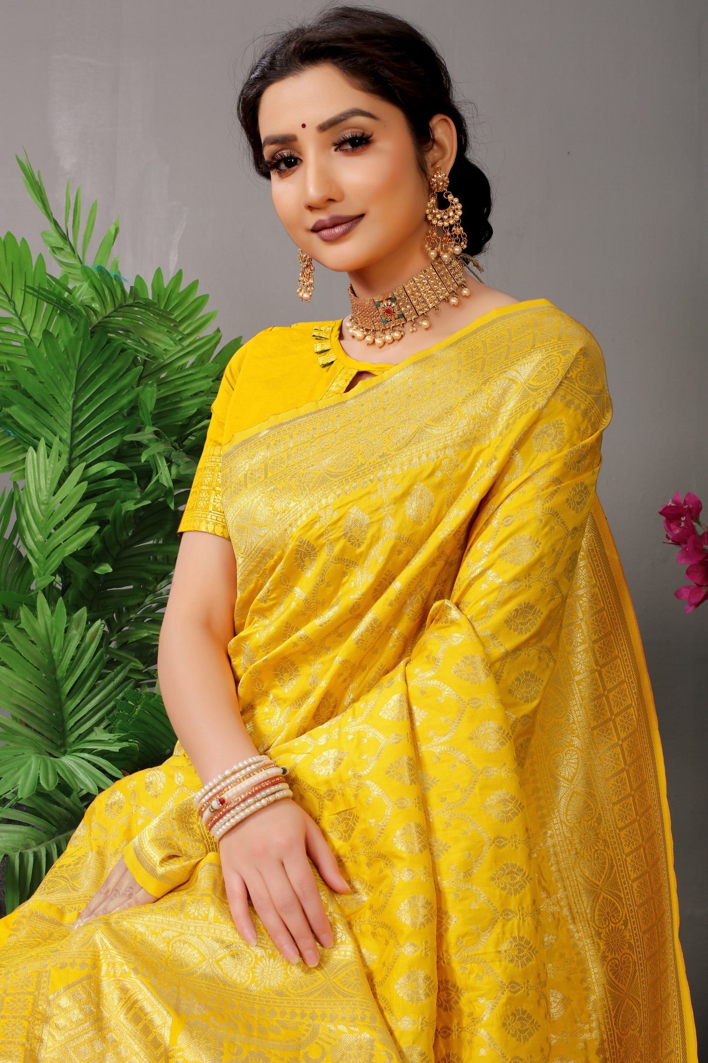 Anaita Yellow Woven Design Pure Silk Banarasi Saree With Blouse