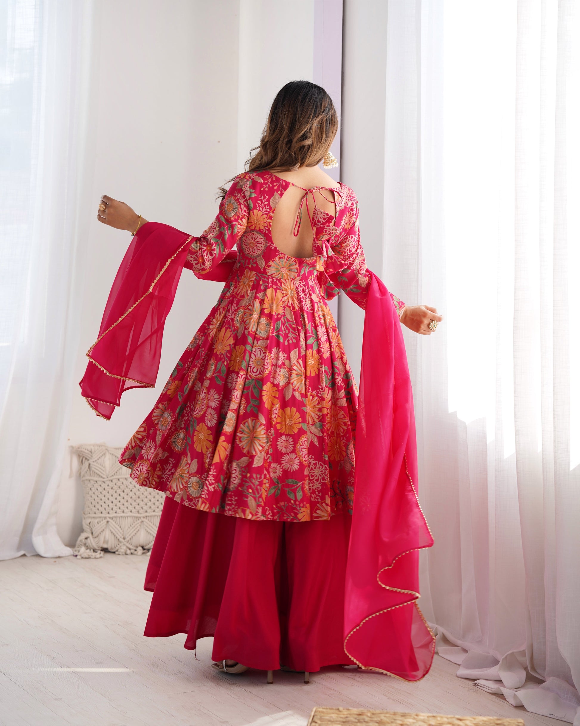 Lorenvalley Women Pure Soft Roman silk Chanderi Discharge Print Fabric Kediya Kurta Palazzo with Dupatta Set - Ranipink 