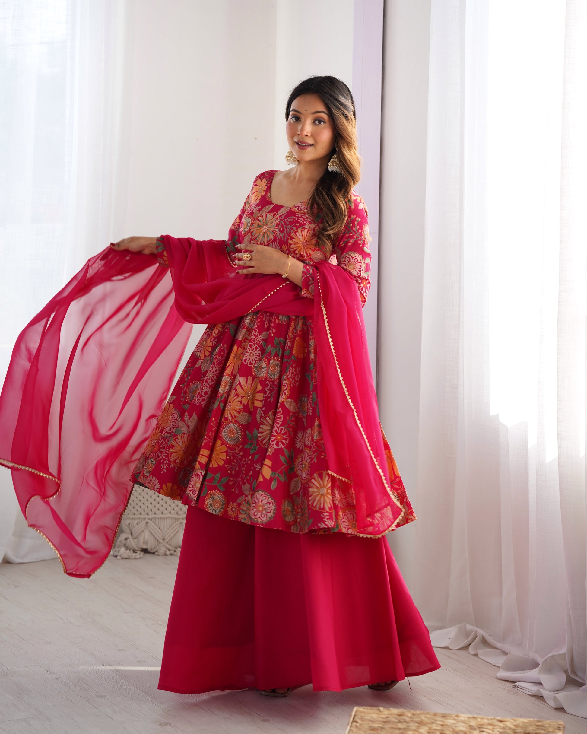 Lorenvalley Women Pure Soft Roman silk Chanderi Discharge Print Fabric Kediya Kurta Palazzo with Dupatta Set - Ranipink 