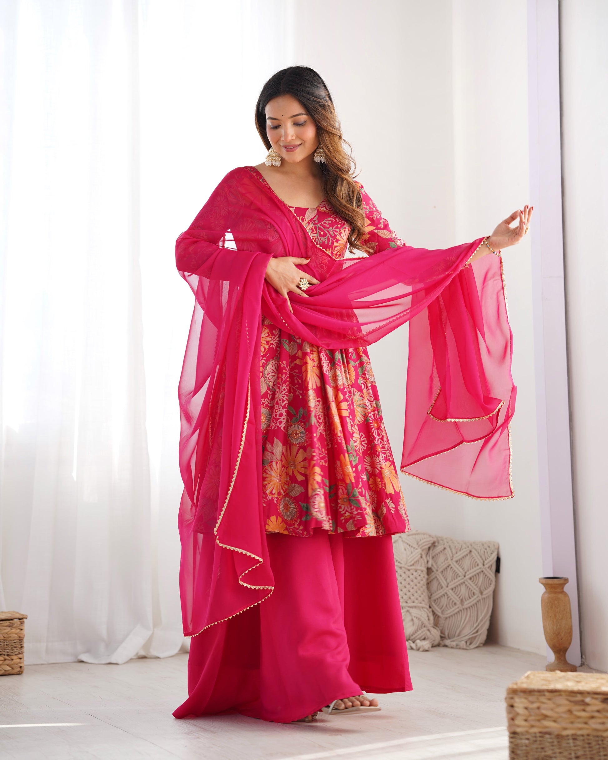 Lorenvalley Women Pure Soft Roman silk Chanderi Discharge Print Fabric Kediya Kurta Palazzo with Dupatta Set - Ranipink 