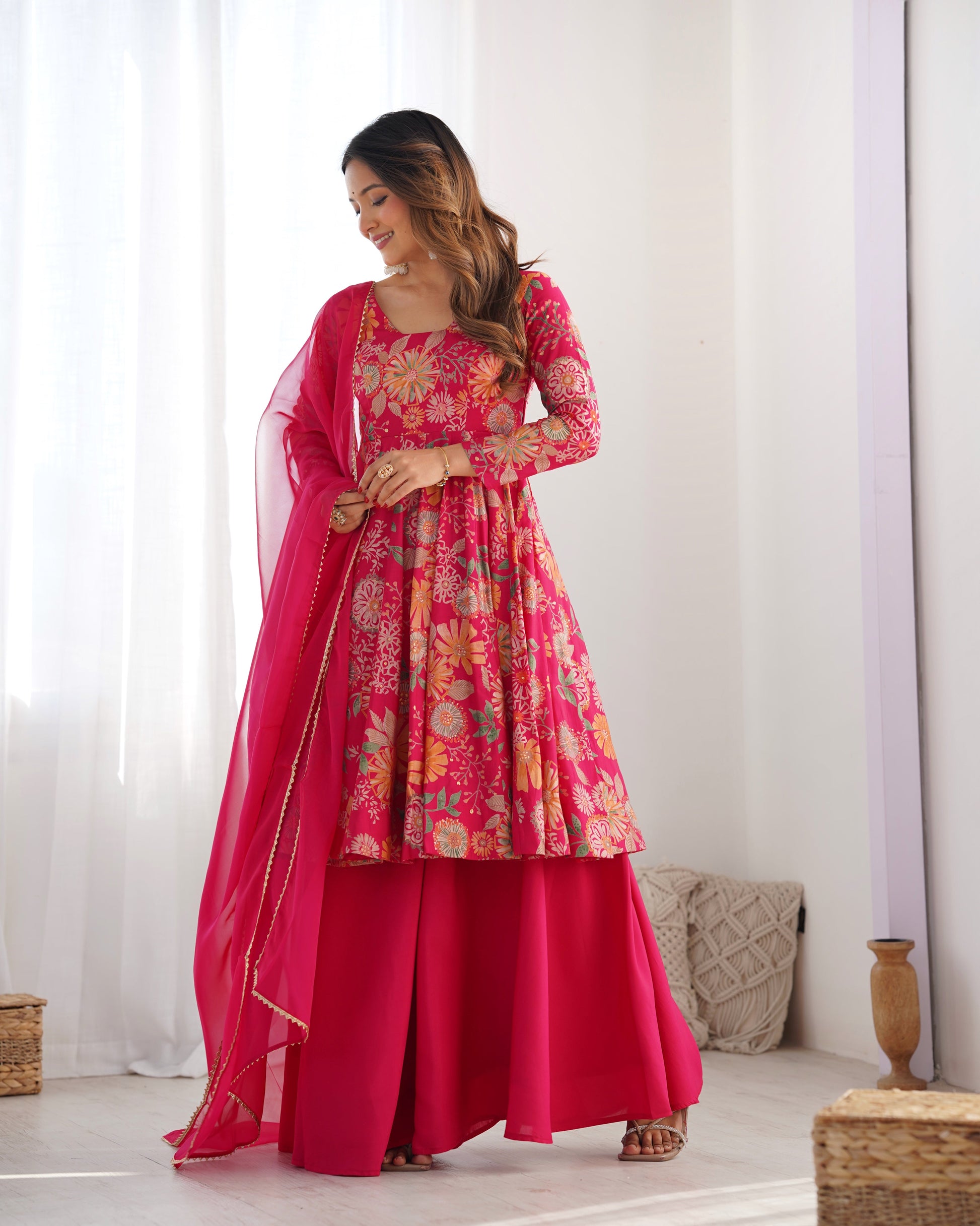 Lorenvalley Women Pure Soft Roman silk Chanderi Discharge Print Fabric Kediya Kurta Palazzo with Dupatta Set - Ranipink 