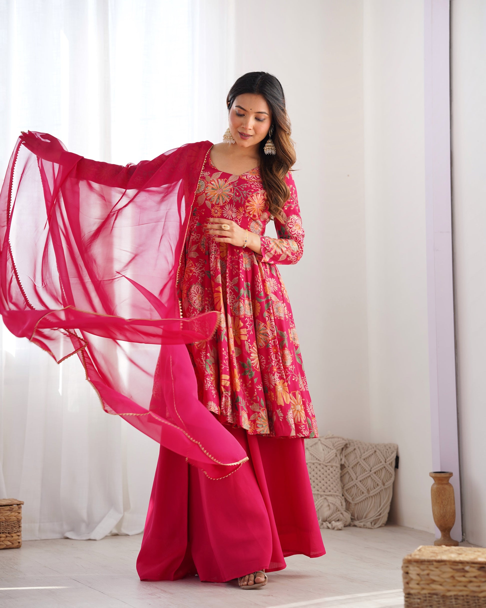Lorenvalley Women Pure Soft Roman silk Chanderi Discharge Print Fabric Kediya Kurta Palazzo with Dupatta Set - Ranipink 