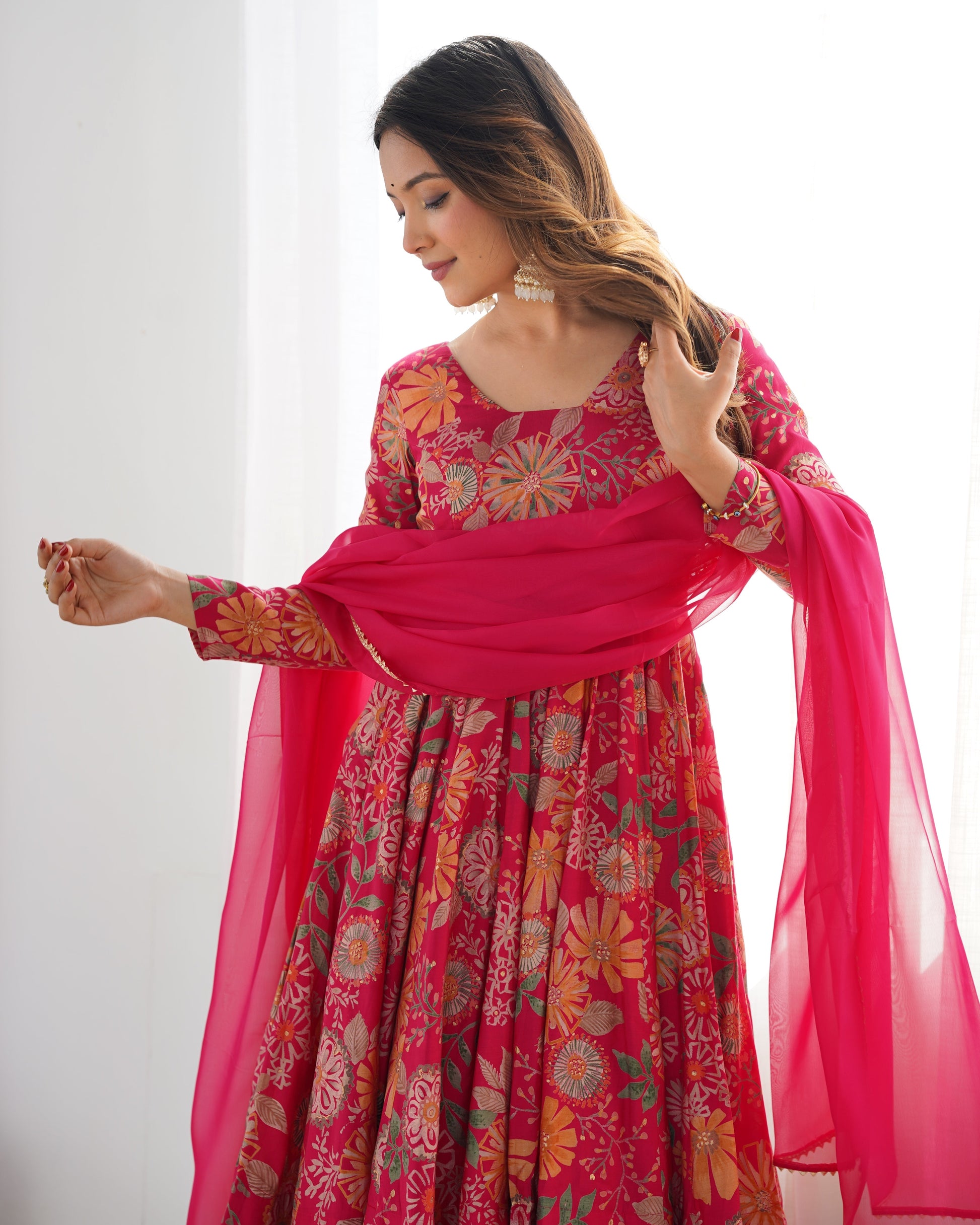 Lorenvalley Women Pure Soft Roman silk Chanderi Discharge Print Fabric Kediya Kurta Palazzo with Dupatta Set - Ranipink 