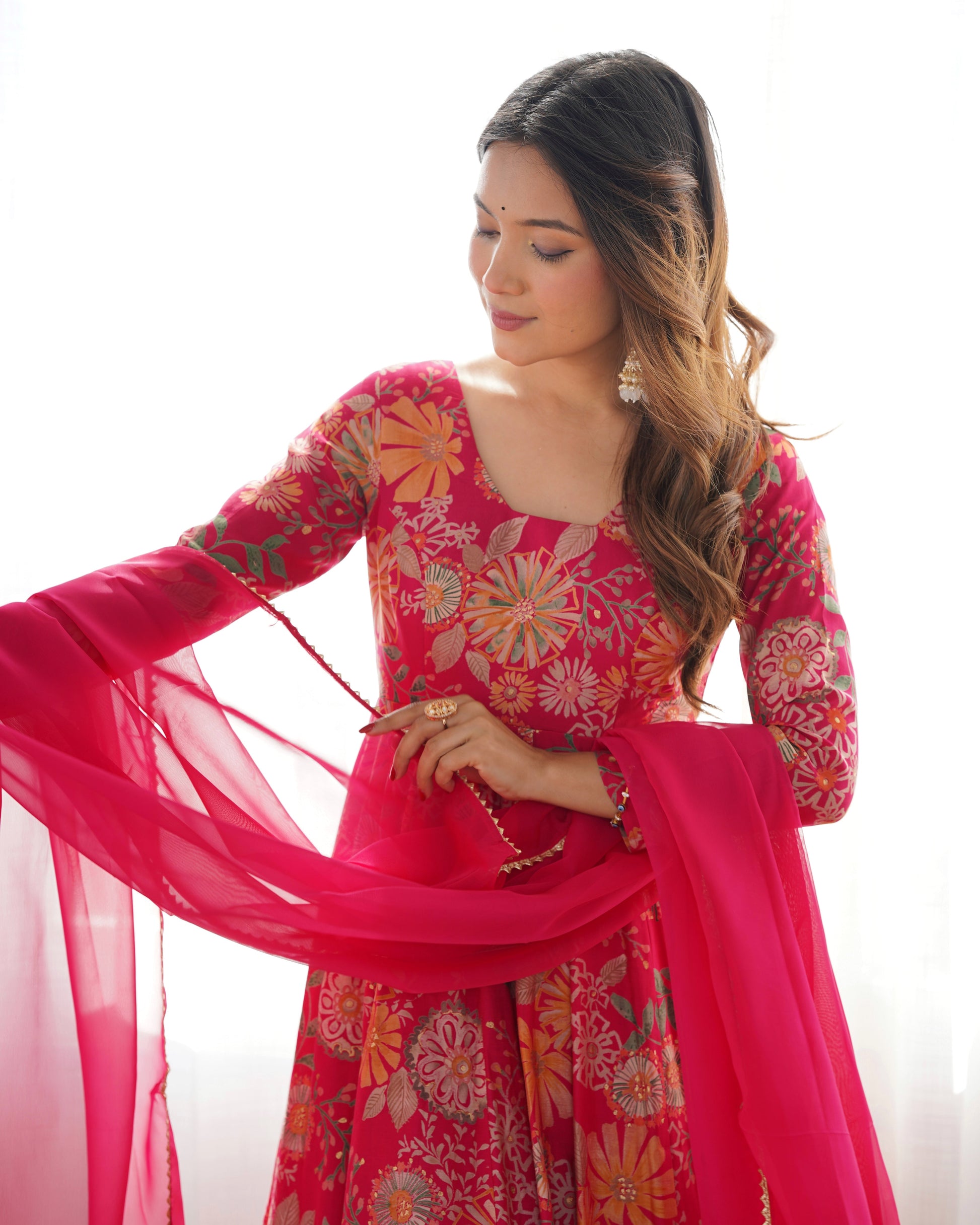 Lorenvalley Women Pure Soft Roman silk Chanderi Discharge Print Fabric Kediya Kurta Palazzo with Dupatta Set - Ranipink 
