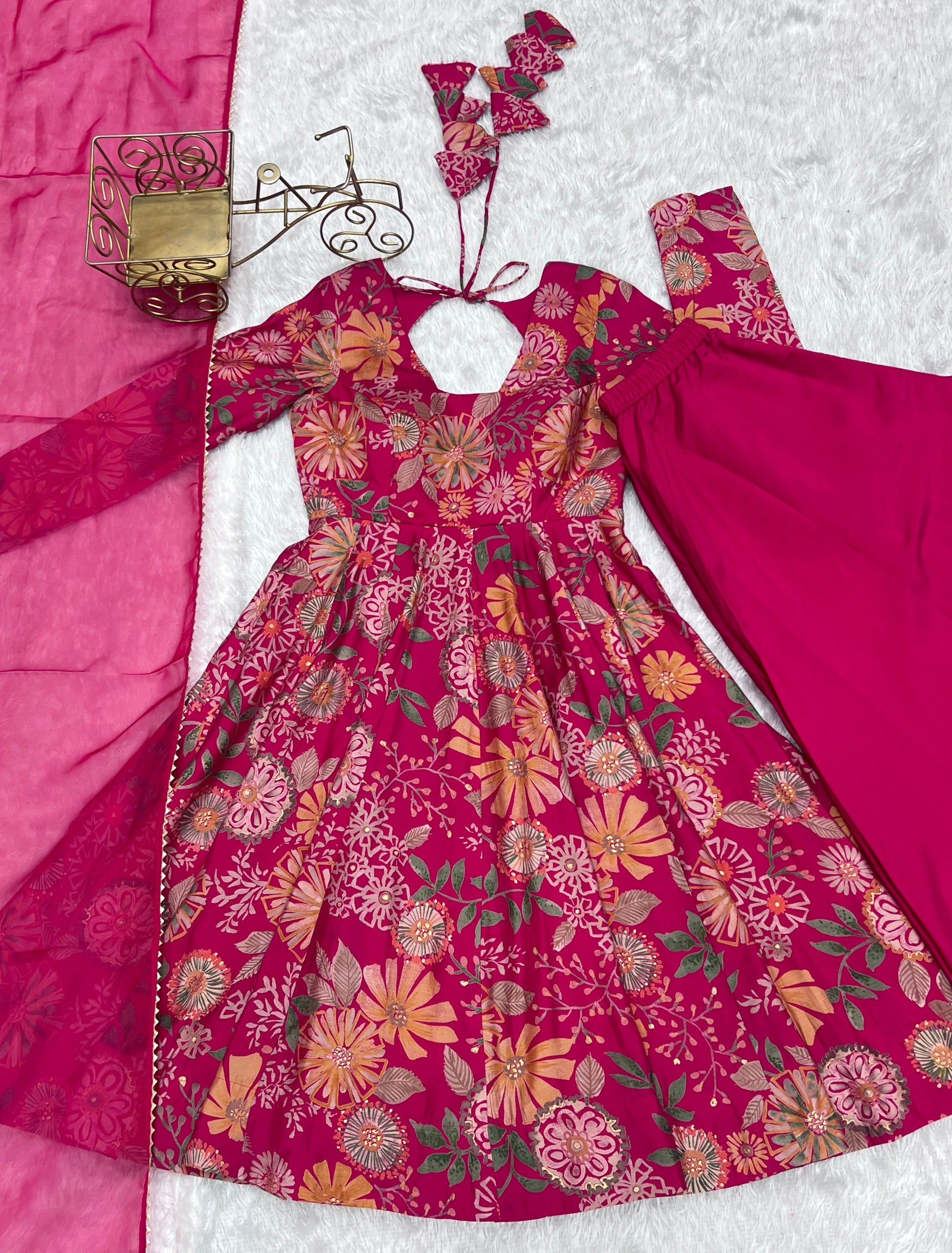 Lorenvalley Women Pure Soft Roman silk Chanderi Discharge Print Fabric Kediya Kurta Palazzo with Dupatta Set - Ranipink 