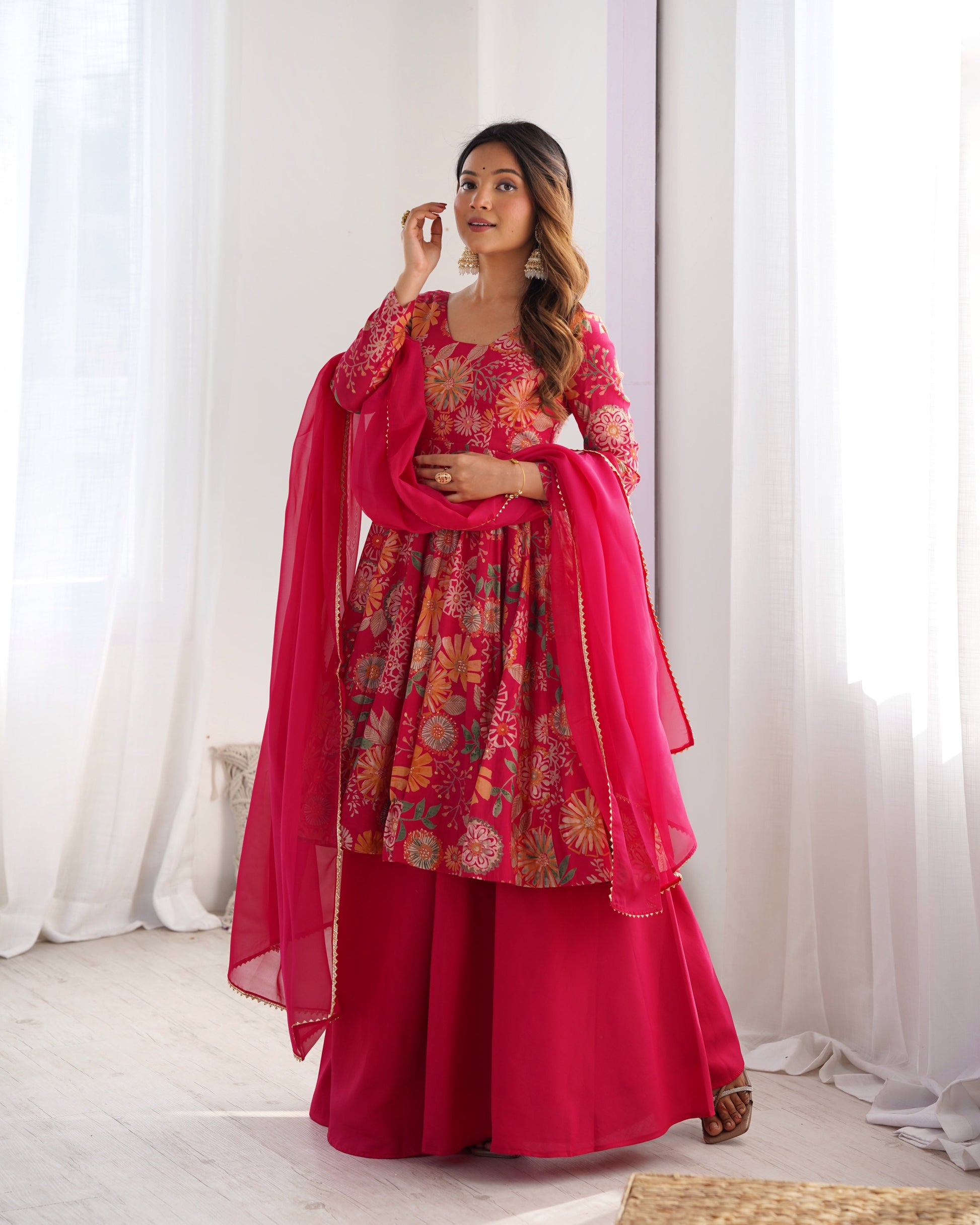 Lorenvalley Women Pure Soft Roman silk Chanderi Discharge Print Fabric Kediya Kurta Palazzo with Dupatta Set - Ranipink 