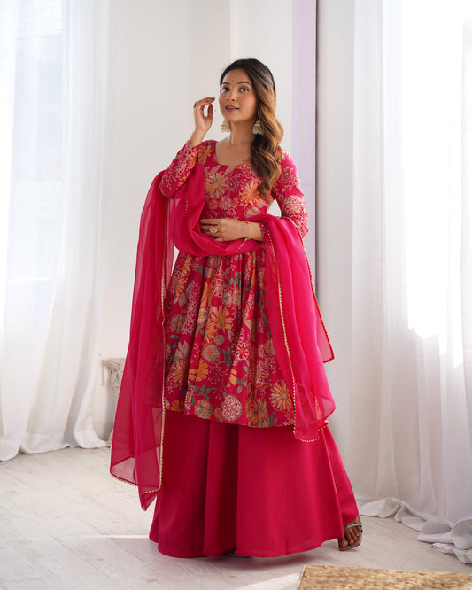 Lorenvalley Women Pure Soft Roman silk Chanderi Discharge Print Fabric Kediya Kurta Palazzo with Dupatta Set - Ranipink 
