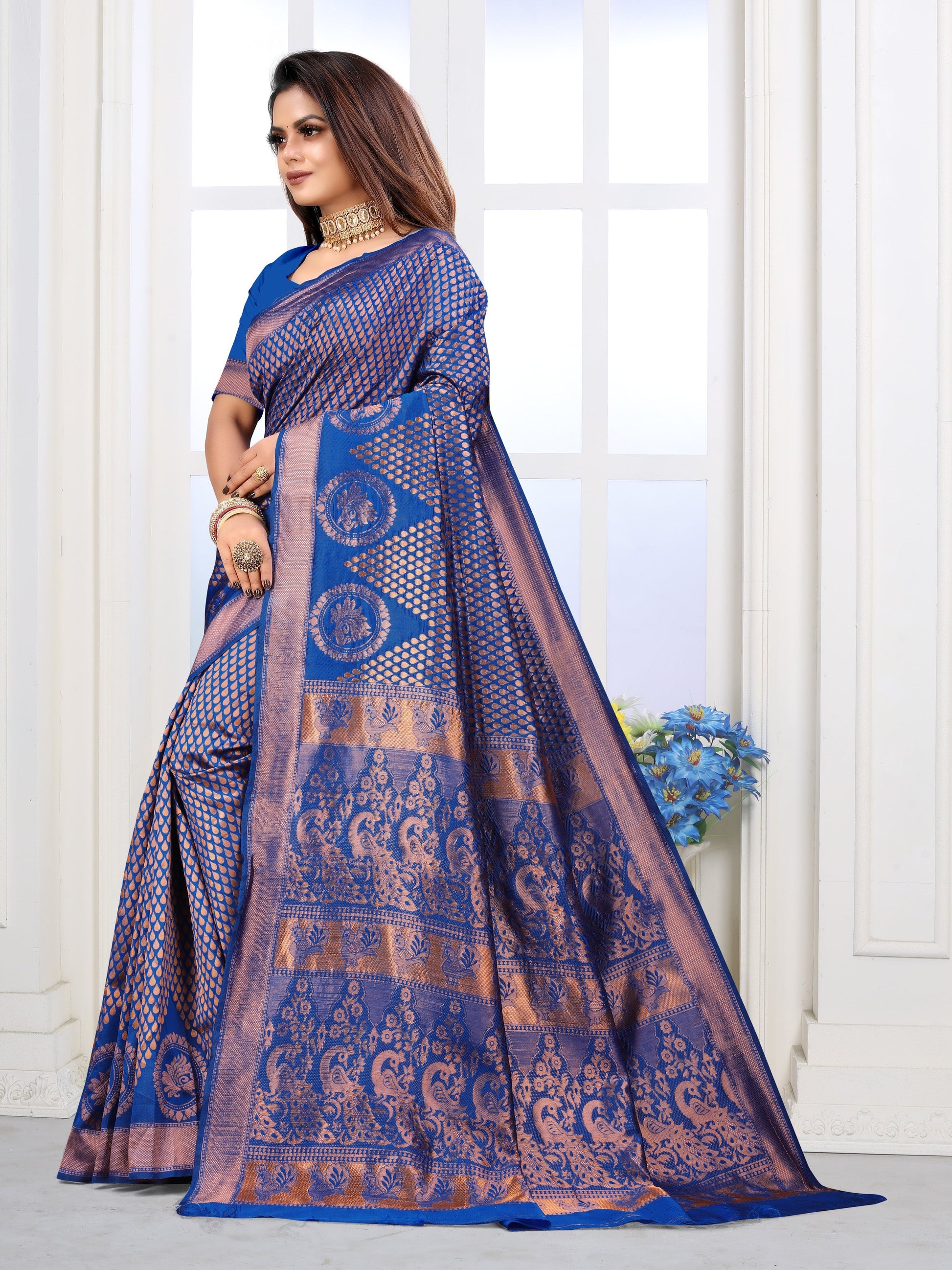 Vedant Vastram Litchi Silk Designer Banarasi Saree - Blue | Swadesiicart