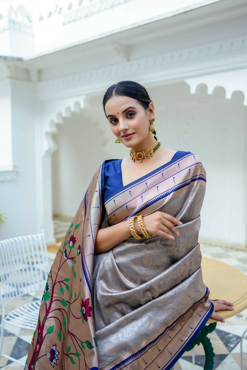 Aastha Fashion Grey Woven Kanjivaram Silk Saree with Blouse - Grab2buy