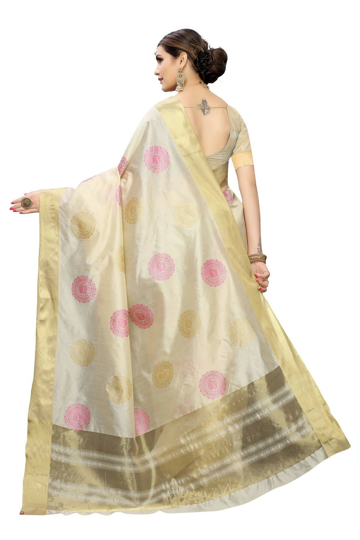 Vamika Cream Weaving Cotton Polyester Silk Grab2Buy (Kerala Bird Pink)  Grab2Buy Vamika Grab2Buy