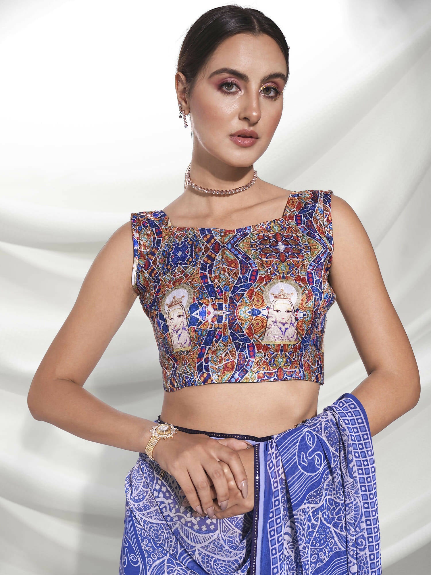 Blue Georgette Floral Printed Saree With Unstitched Blouse Piece - Rajal