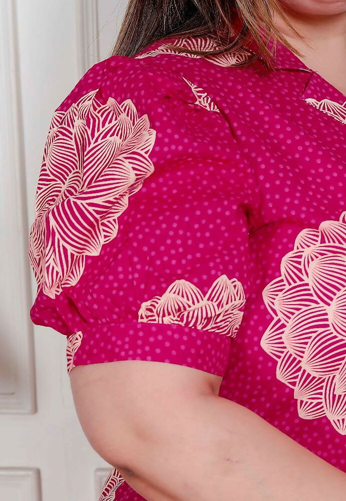 Miravan Plus Size Womens Pink Printed Collar Neck Short Puff Sleeves Cotton A-Line Maxi Dress