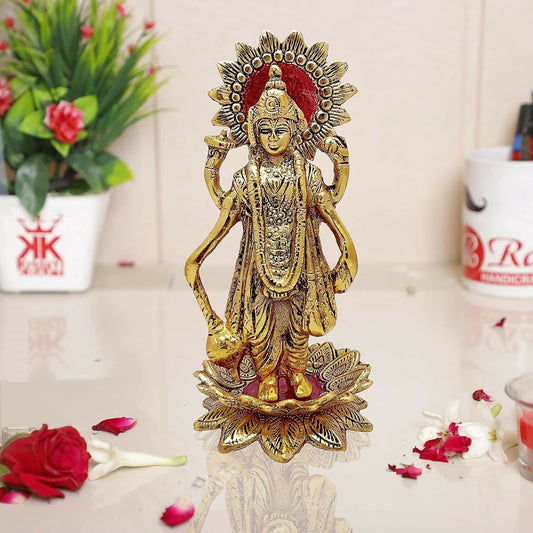 Kridaykraft Gold-Polished Narayan/Vishnu Standing On Lotus Metal Statue 