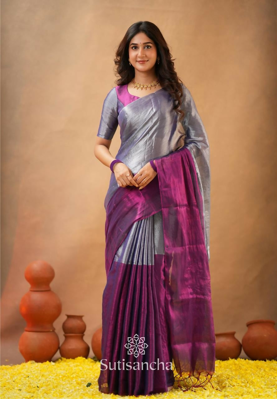 Exclusive Collection Beautiful Gray Magenta Tissue Silk Hand Weaving Handloom Grab2Buy With Running Blouse Piece 
