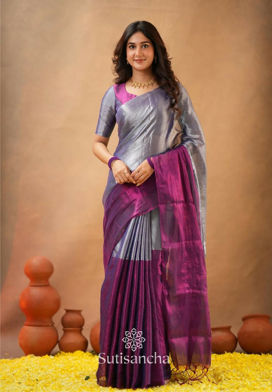 Exclusive Collection Beautiful Gray Magenta Tissue Silk Hand Weaving Handloom Grab2Buy With Running Blouse Piece 