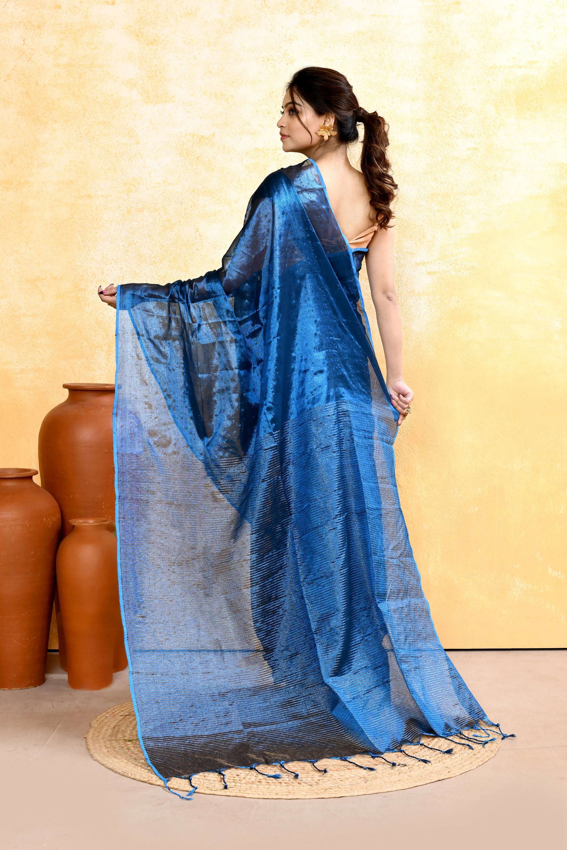 Piyari Fashion Women's Blue Dual Tone Organic Tissue Saree With Blouse Piece