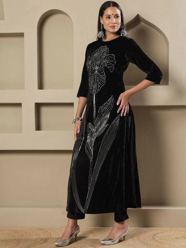 Joban Fashion Women Black Velvet Hand Embellishment Stitched Kurta Set