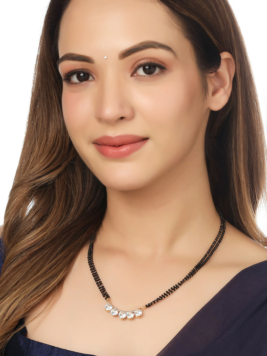 NVR Women's's Set of 2 Black Gold-Polished Beaded Mangalsutra With Ad Stone 