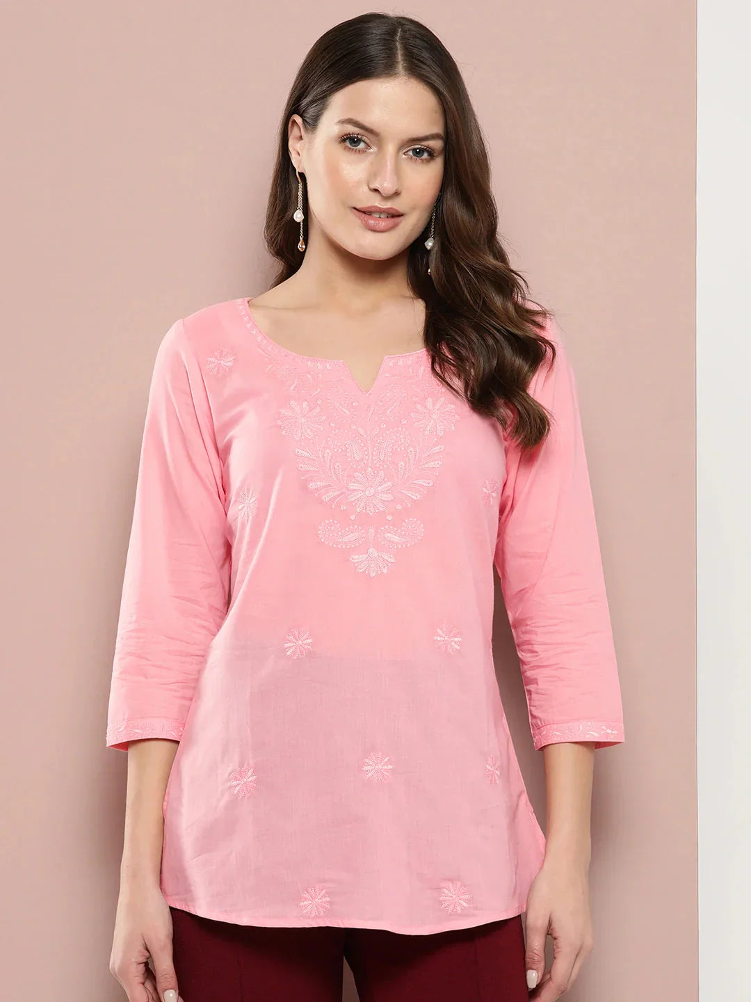 Yufta Peach Floral Chikankari Embroidered Pure Cotton Top  Grab2Buy Yufta Grab2Buy