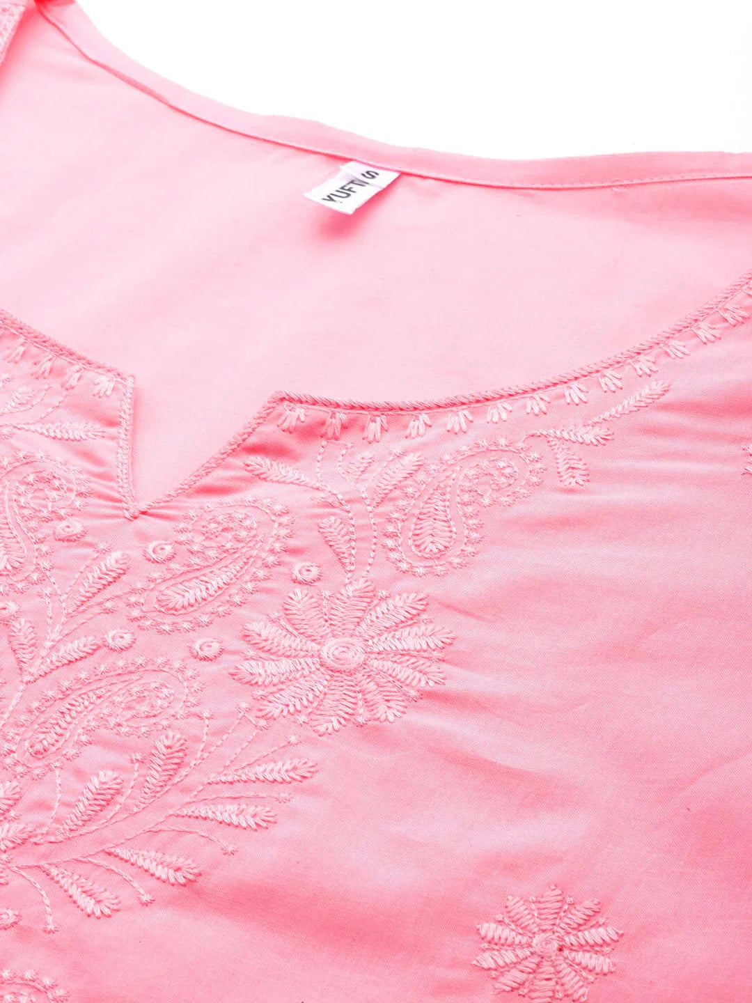 Yufta Peach Floral Chikankari Embroidered Pure Cotton Top  Grab2Buy Yufta Grab2Buy