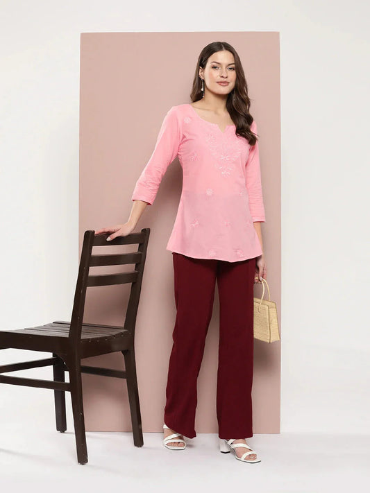 Yufta Peach Floral Chikankari Embroidered Pure Cotton Top  Grab2Buy Yufta Grab2Buy