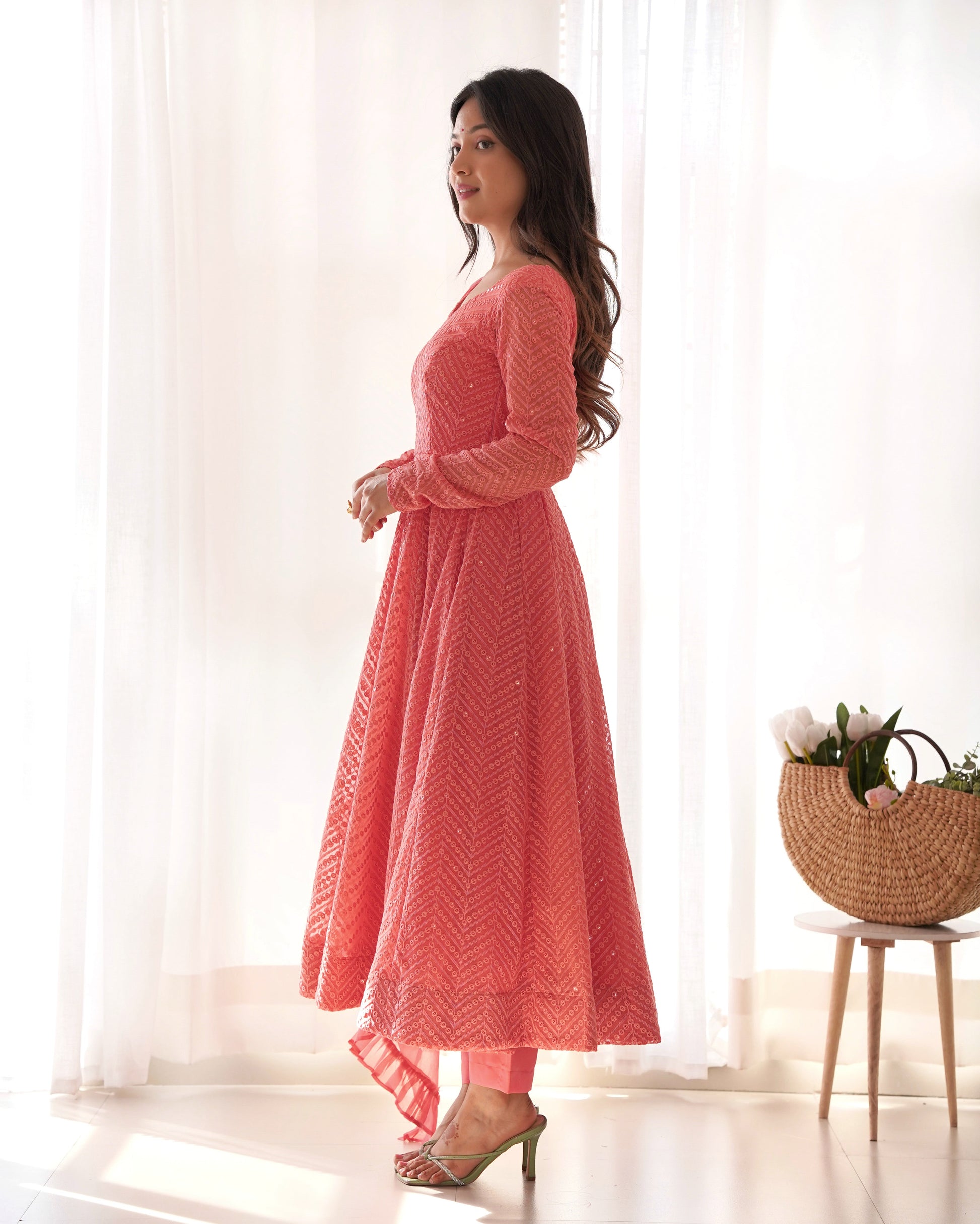 Lorenvalley Peach Faux Georgette Lukhnowi Sequence Work Anarkali Kurta Pant With Dupatta Set 