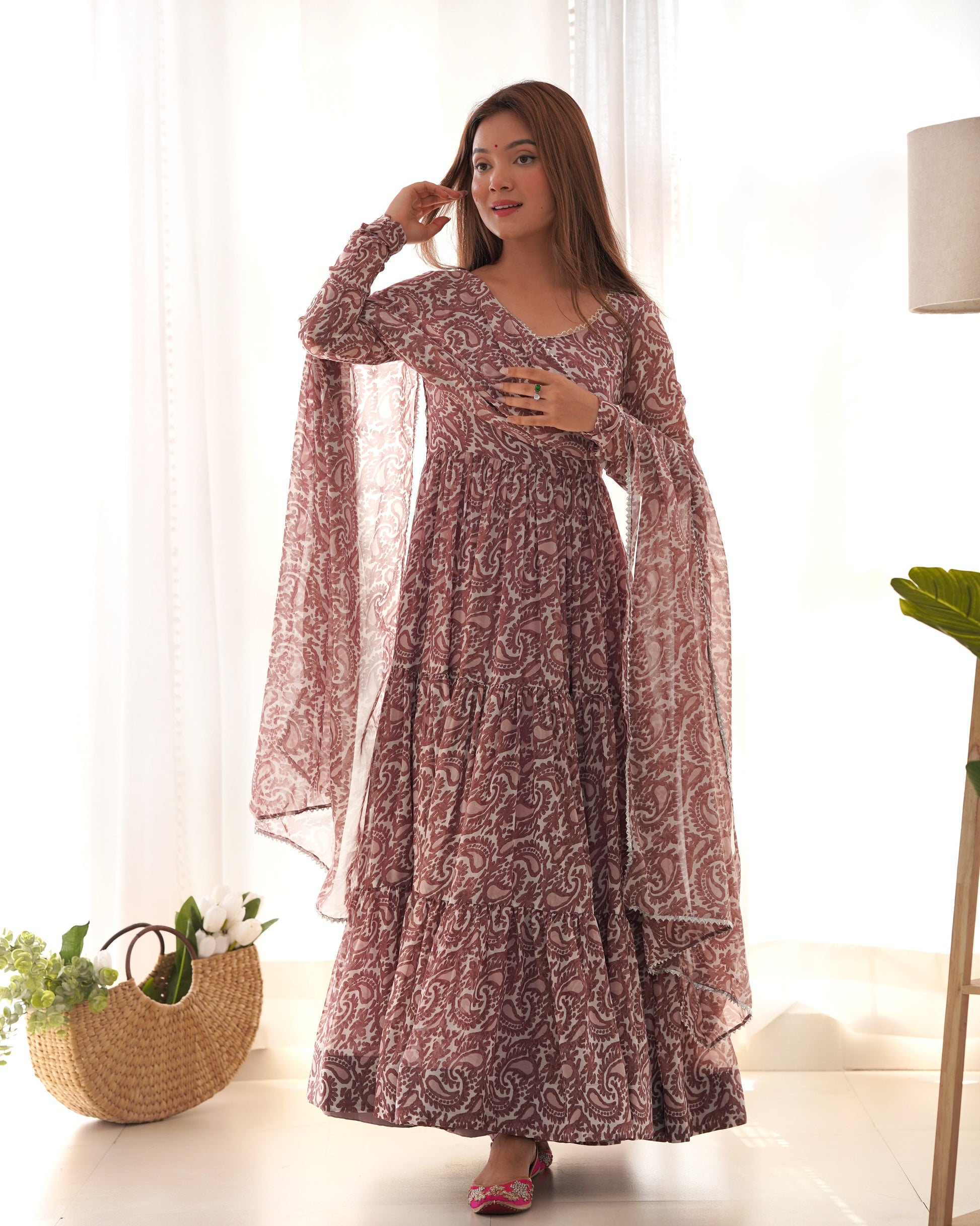 Lorenvalley Women Pure Soft Faux Georgette Floral Print Fully Flair Anarkali Kurta Pant With Dupatta Set - Peach 